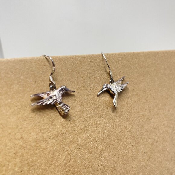 Sterling Silver Hummingbird Earrings Marked 925 Dainty Hanging Minimal - Picture 5 of 9